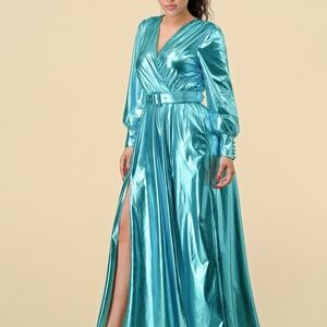 Shimmering Teal Satin Maxi Dress with Belt